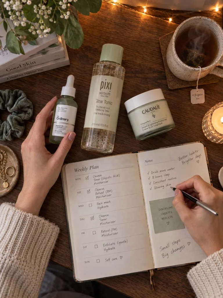 Flat lay of a weekly night skin care routine schedule with skin care products