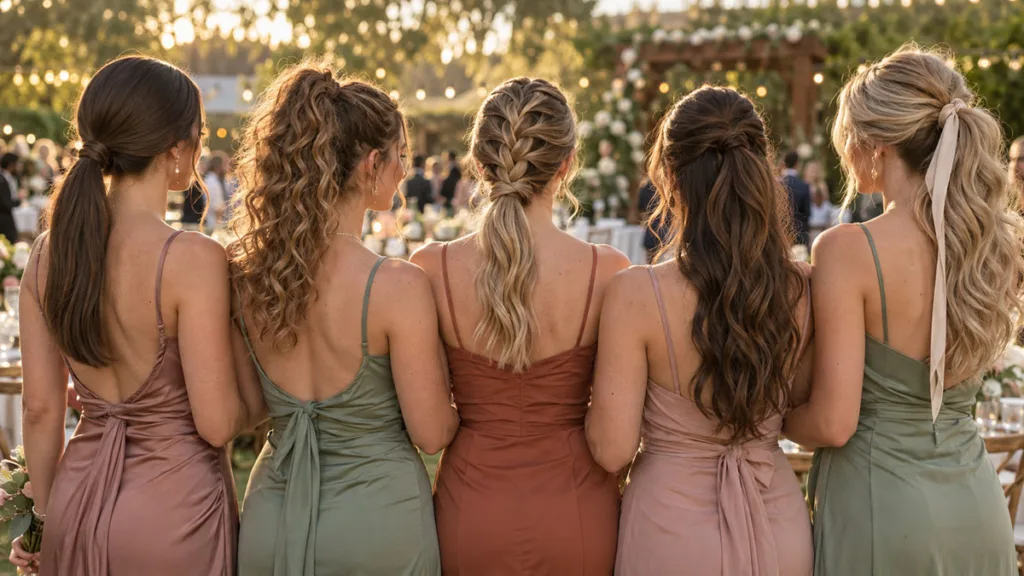 Five bridesmaids from behind at an outdoor wedding reception, each wearing a different ponytail hairstyle