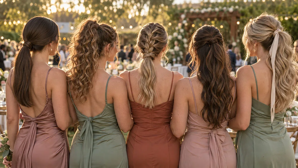 Five bridesmaids from behind at an outdoor wedding reception, each wearing a different ponytail hairstyle