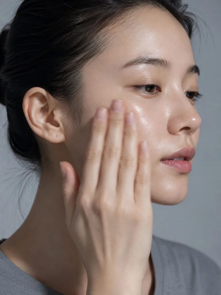 Close-up demonstrating the correct gentle pressing technique for applying Korean essence without rubbing