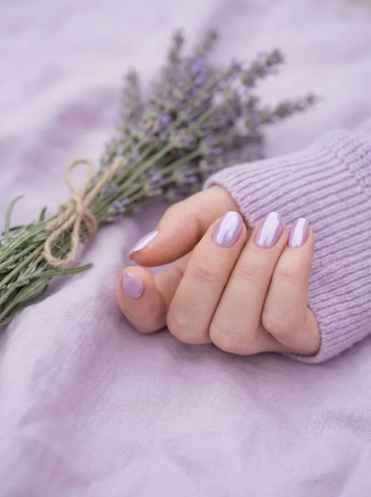 Fair-skinned hand with soft pastel purple lilac chrome nails resting near fresh lavender sprigs
