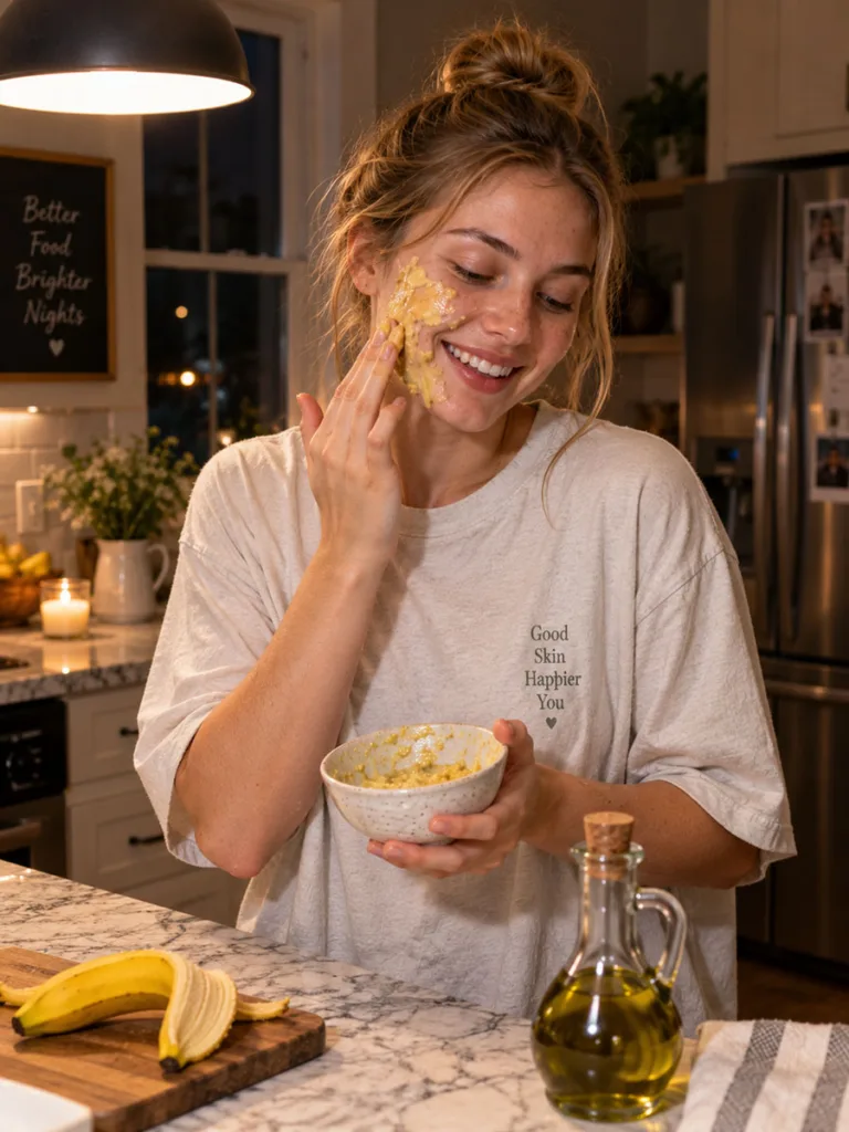 Woman applying a banana and olive oil mask for tight, dry skin on a busy weeknight
