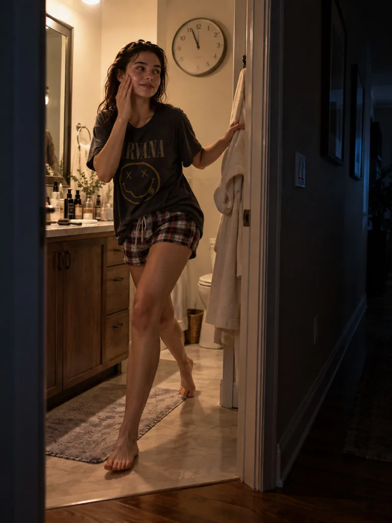 Woman rushing through a quick night skin care routine before bed