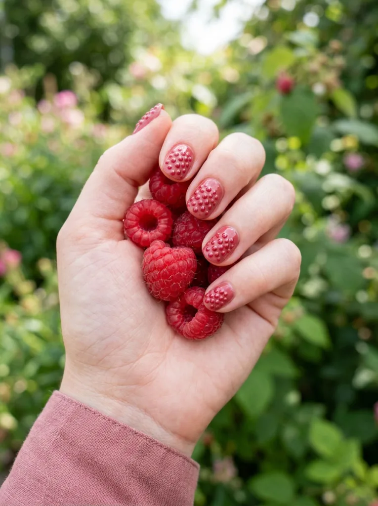 Raspberry texture fruit nail design on a hand holding fresh raspberries