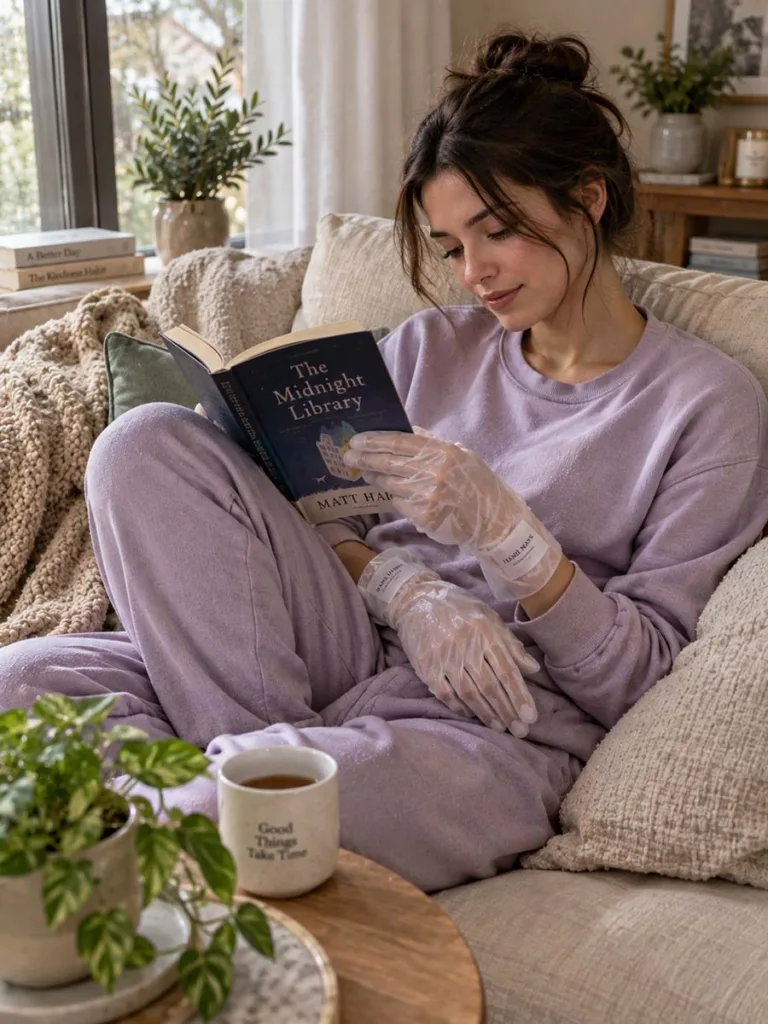 Woman relaxing on the sofa while wearing a hydrating anti aging hand mask