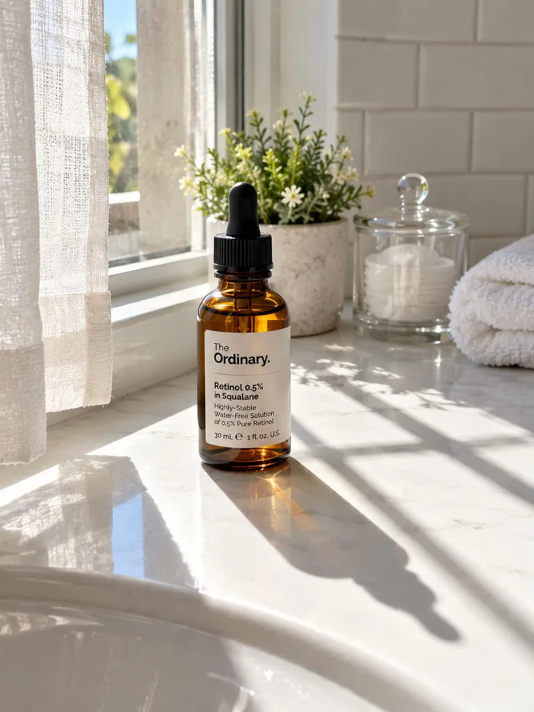 Retinol bottle sitting untouched in bright daylight as a reminder to apply it only at night