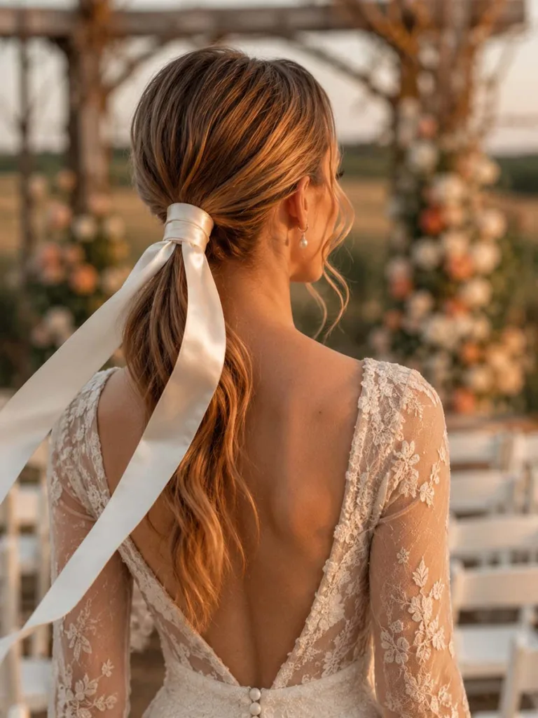Satin ribbon-wrapped wedding ponytail for a vintage garden wedding