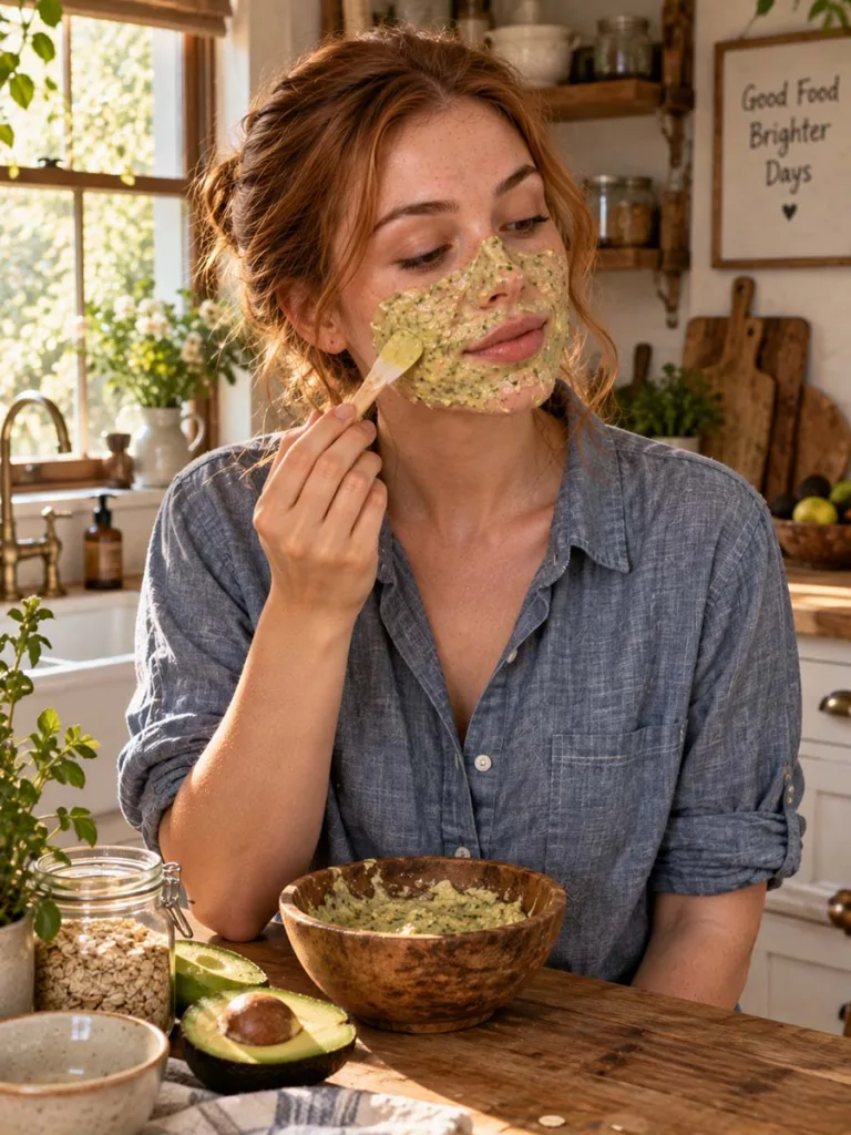 Woman applying a thick avocado and oatmeal mask to stubborn flaky patches