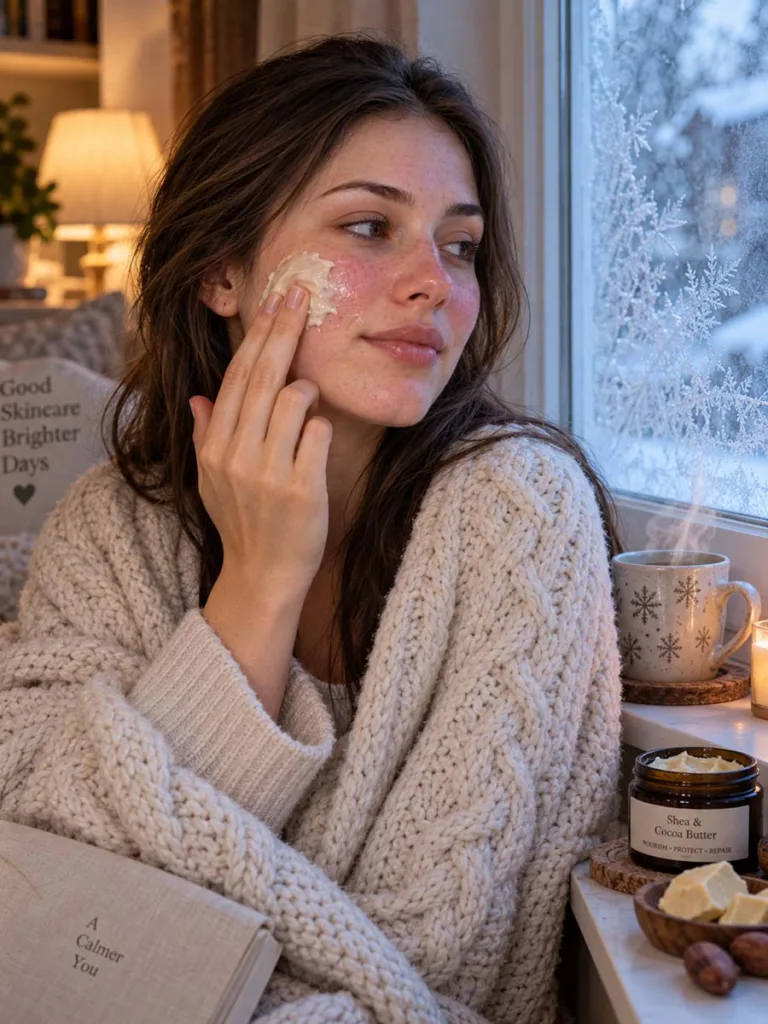 Woman applying a thick shea and cocoa butter mask for severe winter dry skin