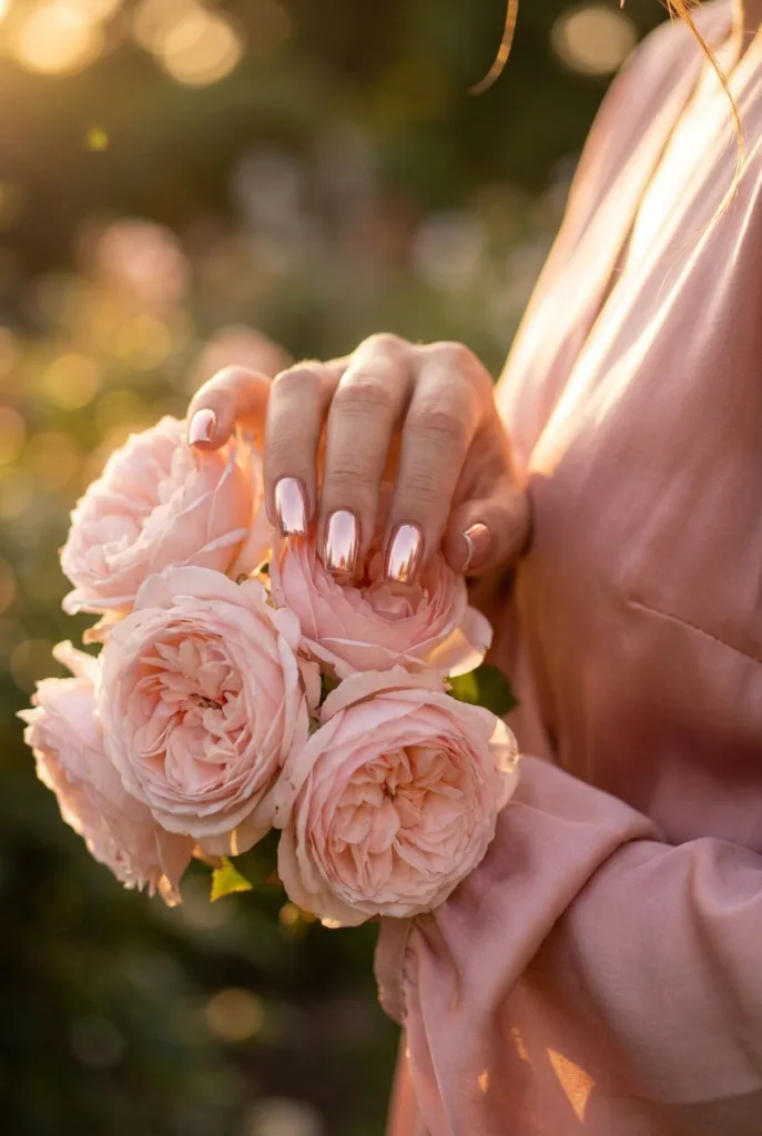 Fair-skinned hand with square rose gold chrome nails holding pink garden flowers at golden hour