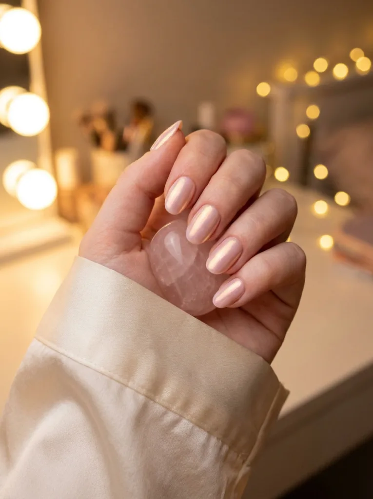 Pale pink rose quartz chrome manicure holding a rose quartz crystal