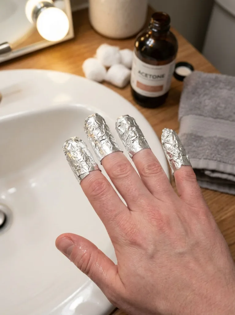 Fair-skinned hand with fingertips wrapped in foil soaking in acetone to safely remove a chrome nail powder manicure