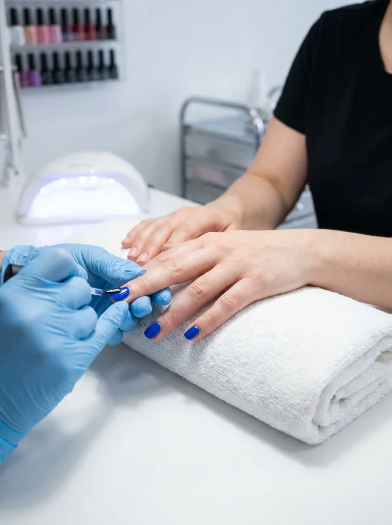 Nail technician applying gel color to a client's fair-skinned hand at a professional chrome nails salon station