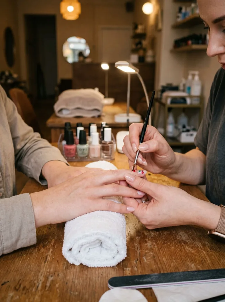 Manicurist applying fruit nail art to a client's hand at a nail salon