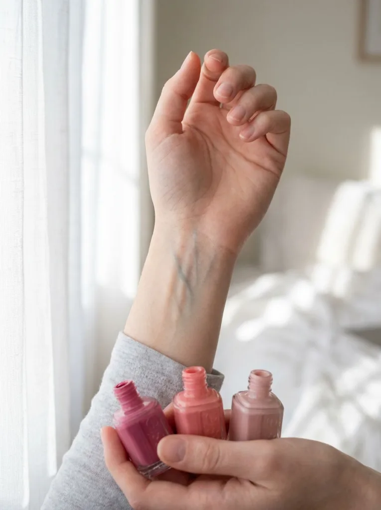 Hand holding pink nail polish bottles up to natural light to test undertone match