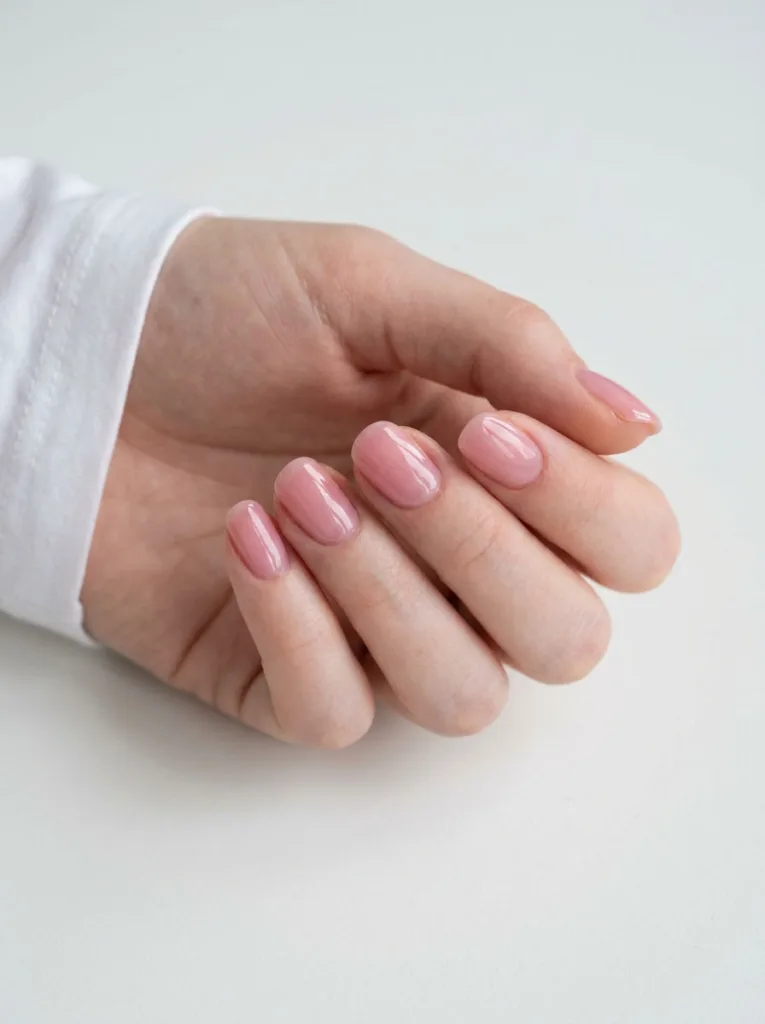 Barely there sheer pink glaze manicure on a clean white background