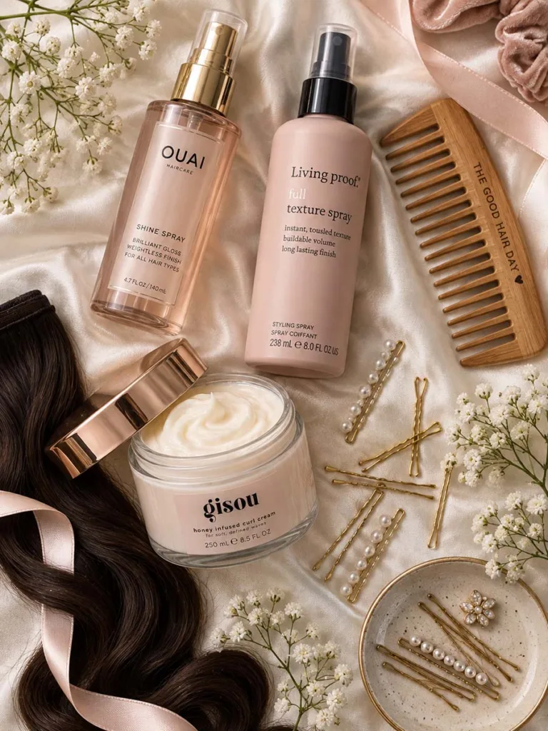 Shine spray and texture spray products for brunette wedding hair styling