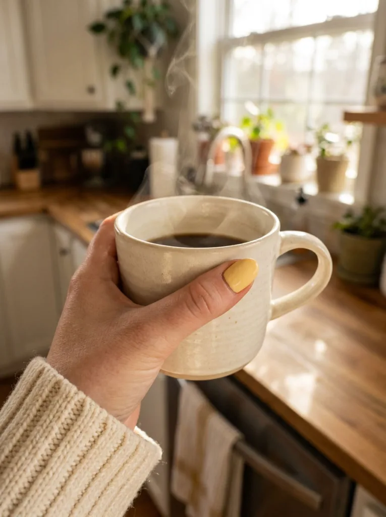 Fair-skinned hand with short butter yellow almond nails wrapped around a coffee mug