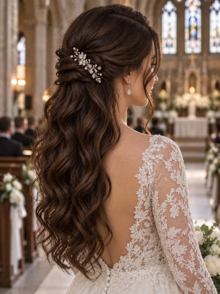 Side-swept twist half up hairstyle with a jeweled hair comb for brunette wedding hair