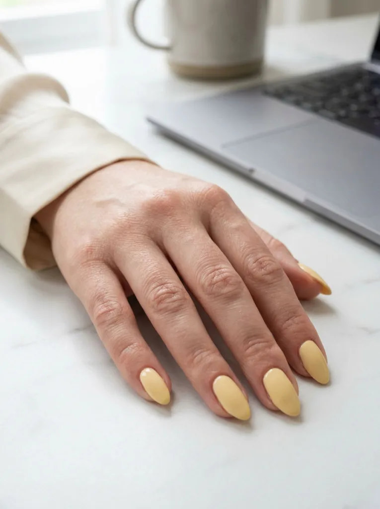 Fair-skinned hand with a simple opaque butter yellow manicure on a marble desk