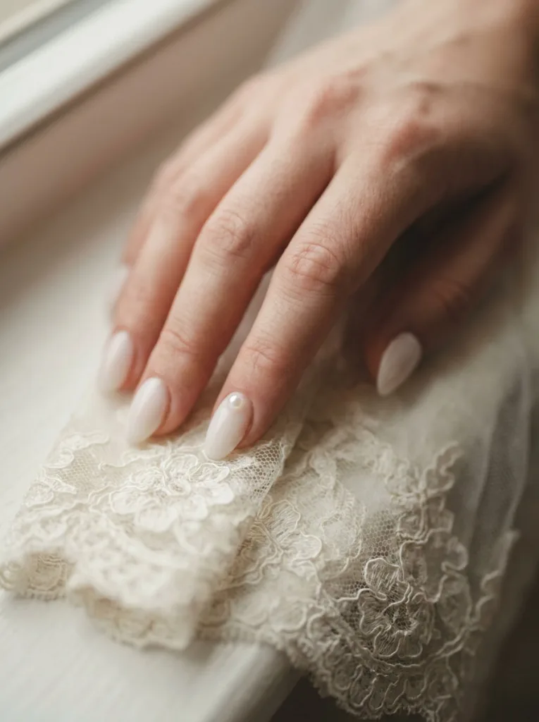 Single pearl accent wedding nail resting on lace veil fabric