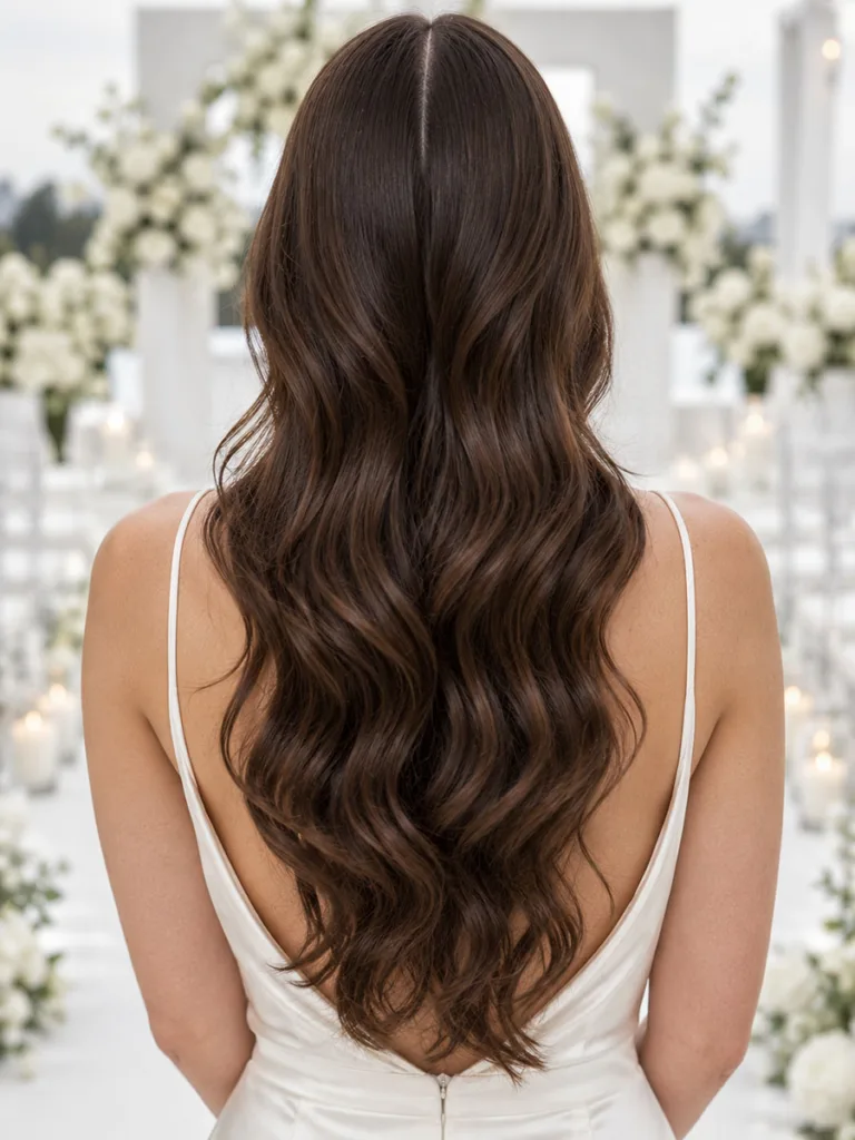 Sleek center part half up hairstyle with soft waves for brunette wedding hair