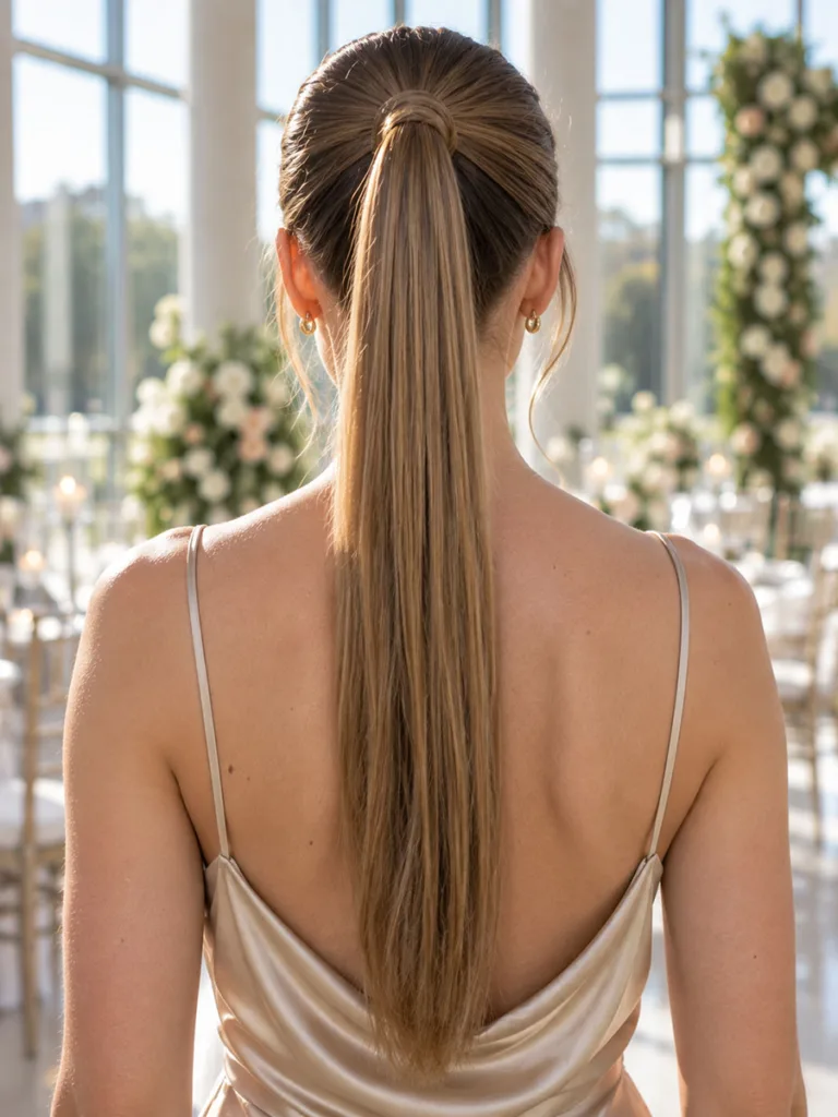 Back view of a bridesmaid with a sleek high ponytail at a modern minimalist wedding venue