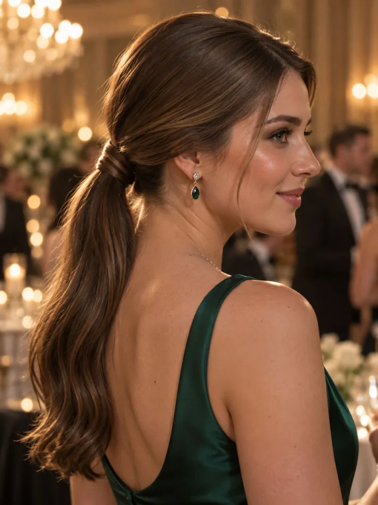 Side profile of a bridesmaid with a sleek low ponytail at a black-tie wedding reception