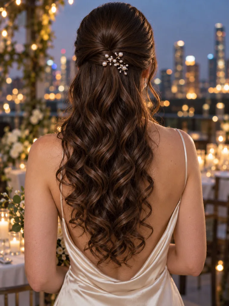 Sleek top half up hairstyle with glossy curls for brunette wedding hair