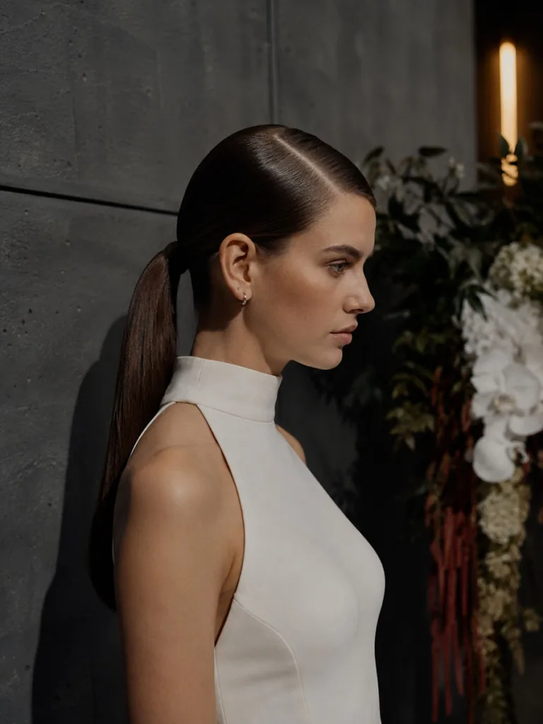 Slick wedding ponytail with a dramatic deep side part for a modern editorial look