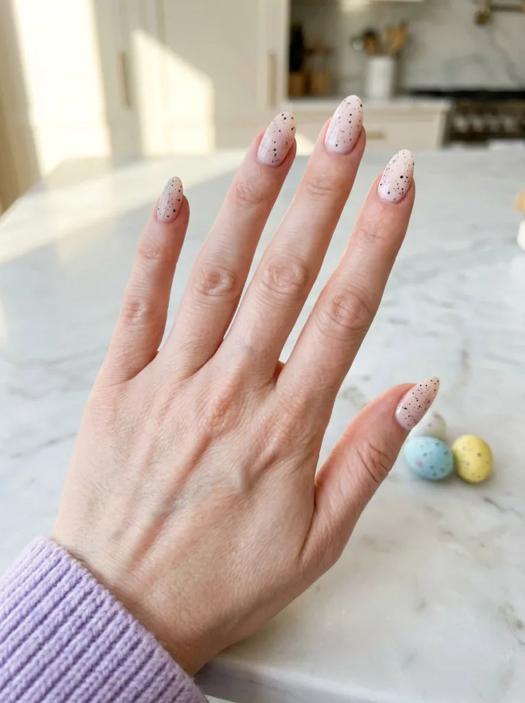 Close-up of speckled egg easter nails on fair skin hand resting on marble countertop