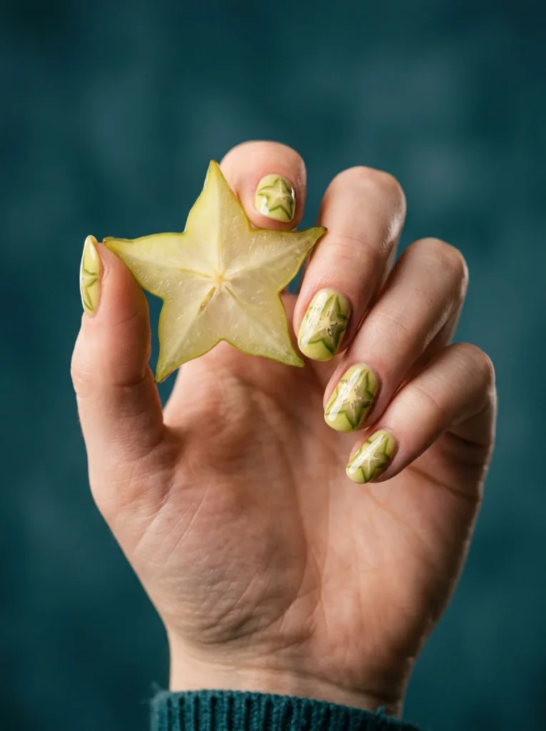 Starfruit fruit nail design on a hand holding a starfruit slice up to the light