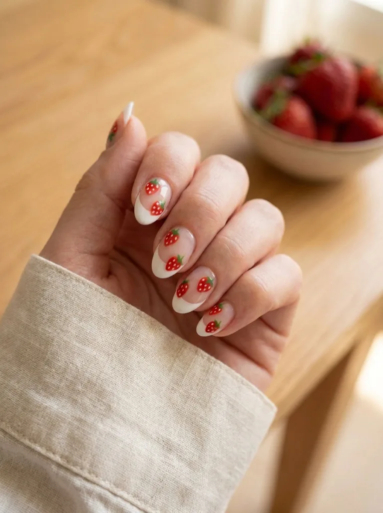 Strawberry French tip fruit nails on a fair-skinned hand at a cafe table