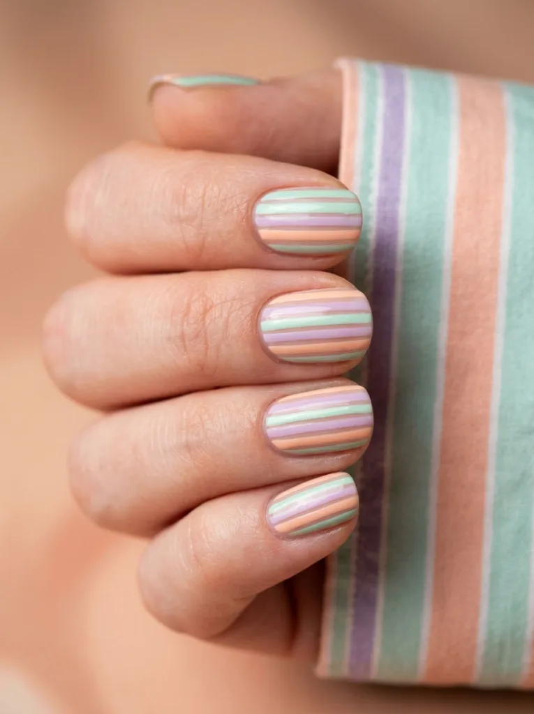 Striped pastel easter nails in mint lilac and peach close up