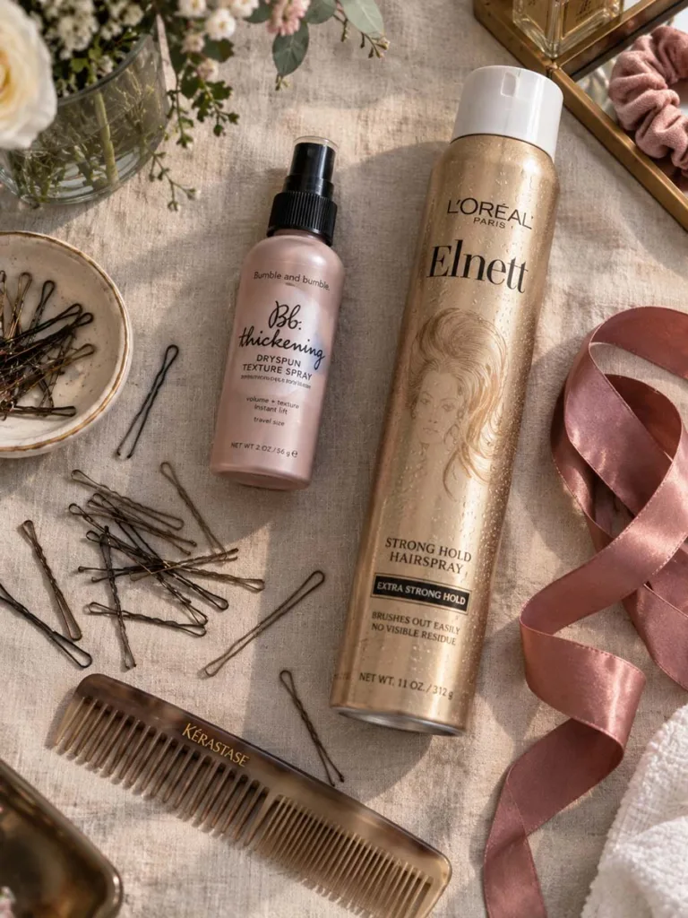 hairstyling tools used to keep a bridesmaid ponytail secure all day