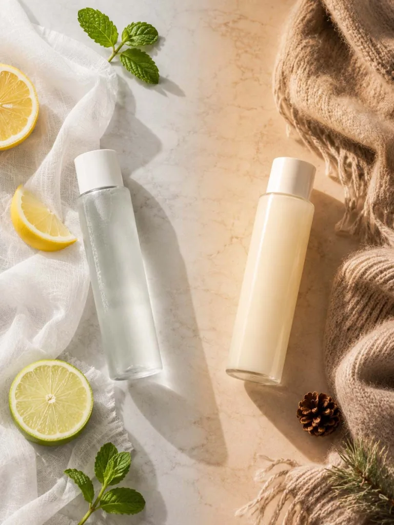 Styled flat lay comparing lightweight summer Korean essences with richer winter essences side by side