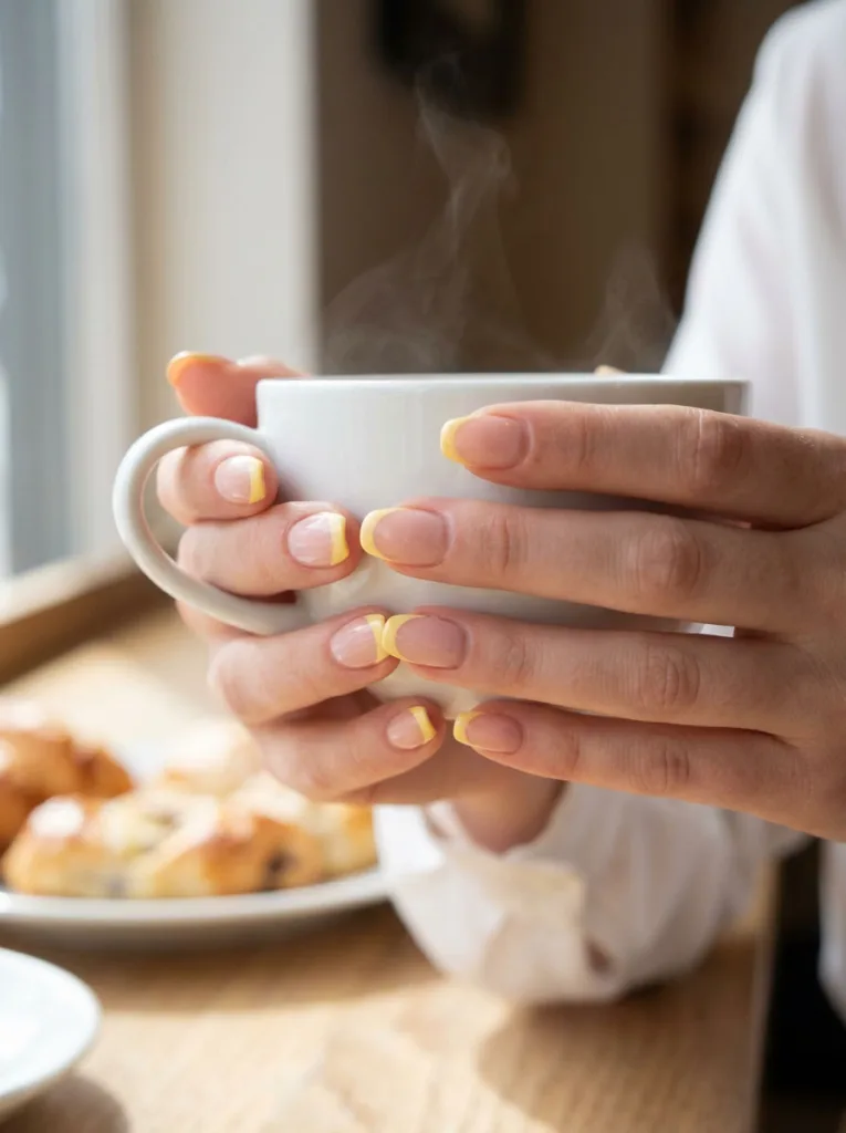 Sunny yellow French tip easter nails on hand holding teacup