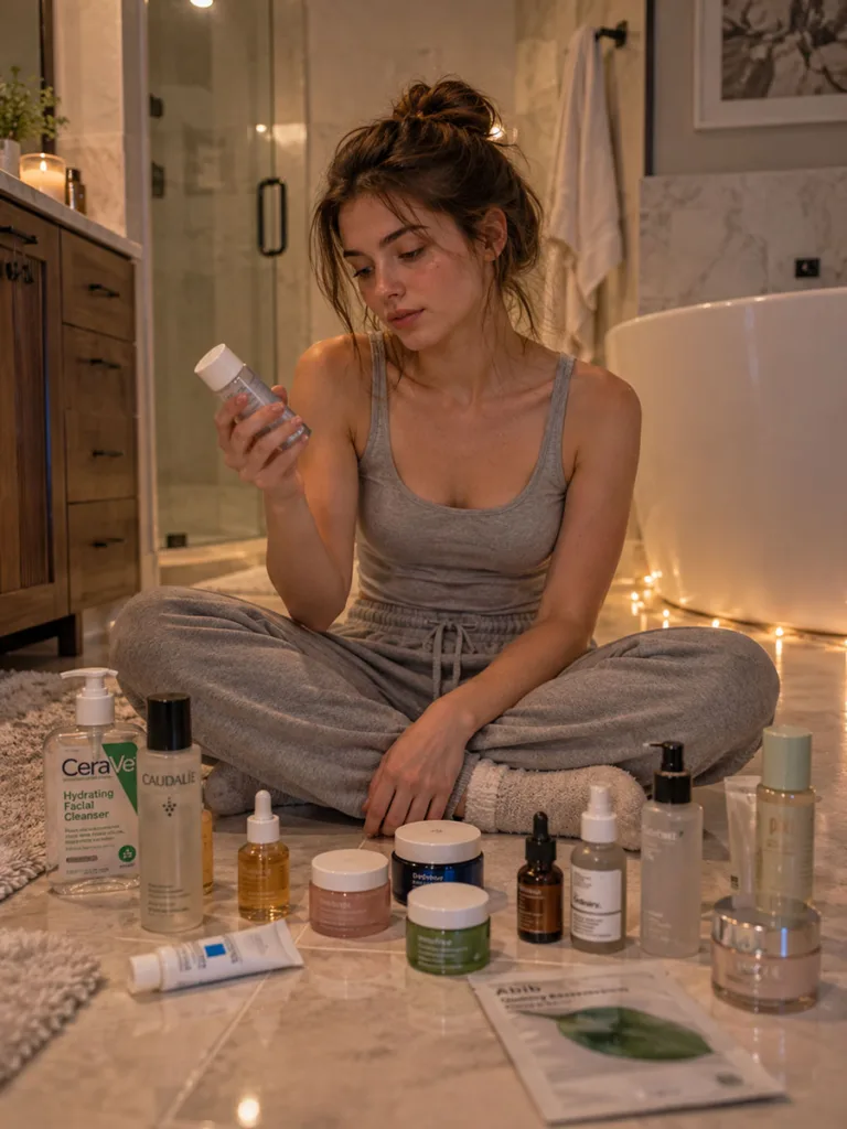 Woman sitting surrounded by products for her full night skin care routine