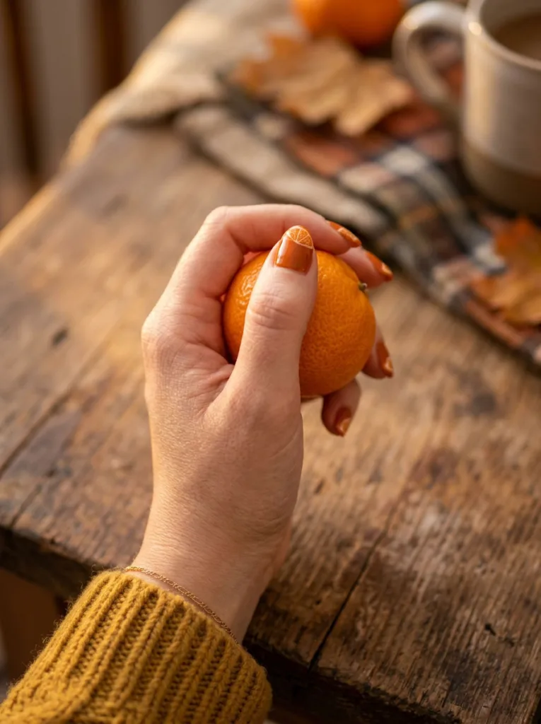 Tangerine slice fruit nail design on a hand holding a tangerine at a rustic table