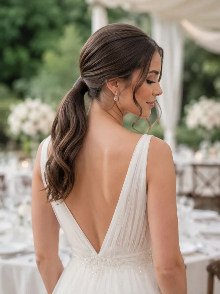 Textured low wedding ponytail with loose face-framing pieces softening the jawline