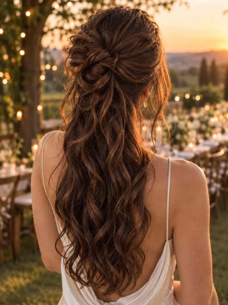 Textured top knot half up hairstyle with loose waves for brunette wedding hair