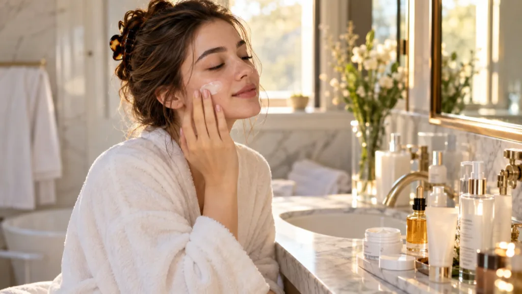 Young woman applying moisturizer in the correct skincare routine order at a sunlit bathroom vanity