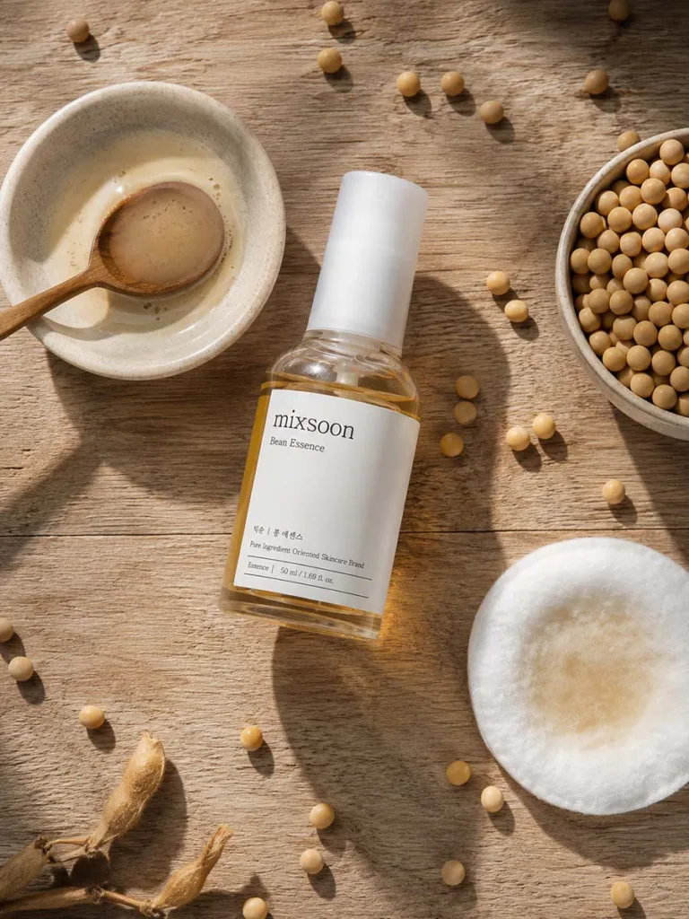 Overhead flat lay of a fermented bean Korean essence bottle styled with soybeans for a glass skin routine