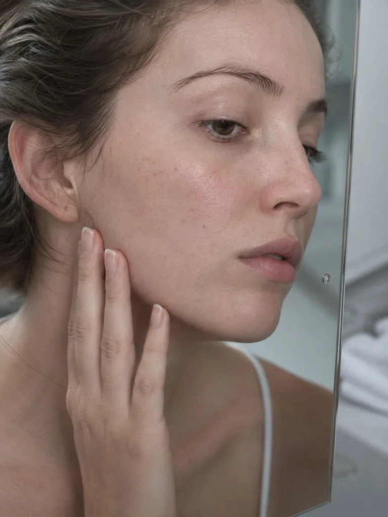 Close-up of natural skin texture showing a woman checking her complexion in the mirror before starting a skincare routine
