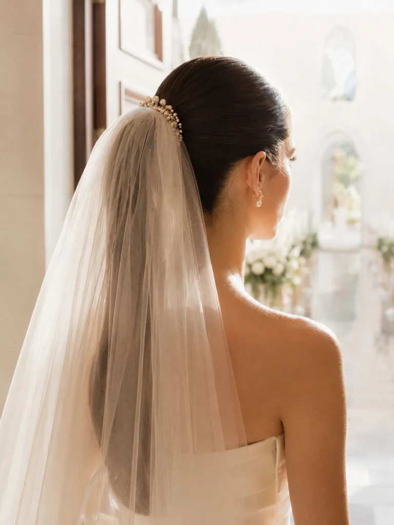 Veil attached at the crown in front of a high wedding ponytail