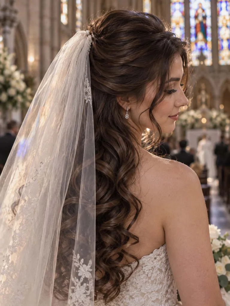 Voluminous curls half up hairstyle with a cathedral veil for brunette wedding hair