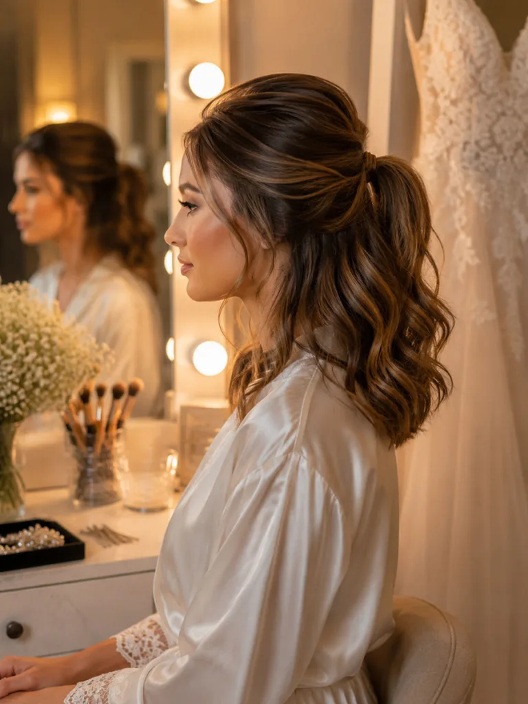 Voluminous wedding ponytail with blended clip-in extensions for shoulder-length hair