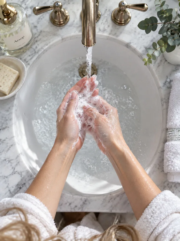 Woman washing her hands with a gentle cleanser as the first step in an anti aging hand care routine