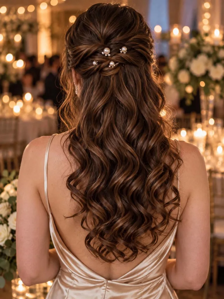 Waterfall curls half up hairstyle with pearl pins for brunette wedding hair