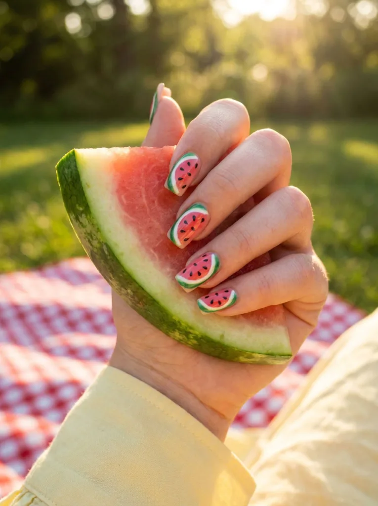 Watermelon slice fruit nail design on a hand holding a fresh watermelon slice